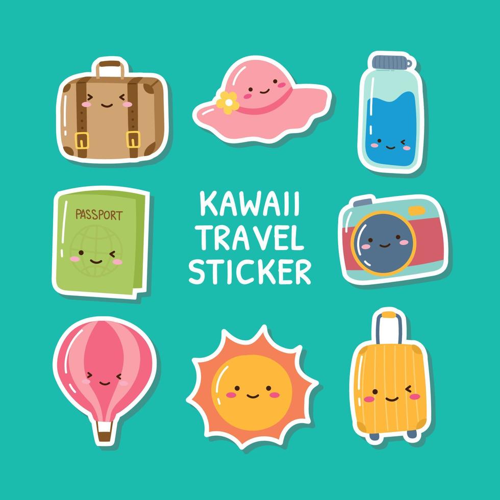 colección de pegatinas de elementos de viaje dibujados a mano kawaii vector