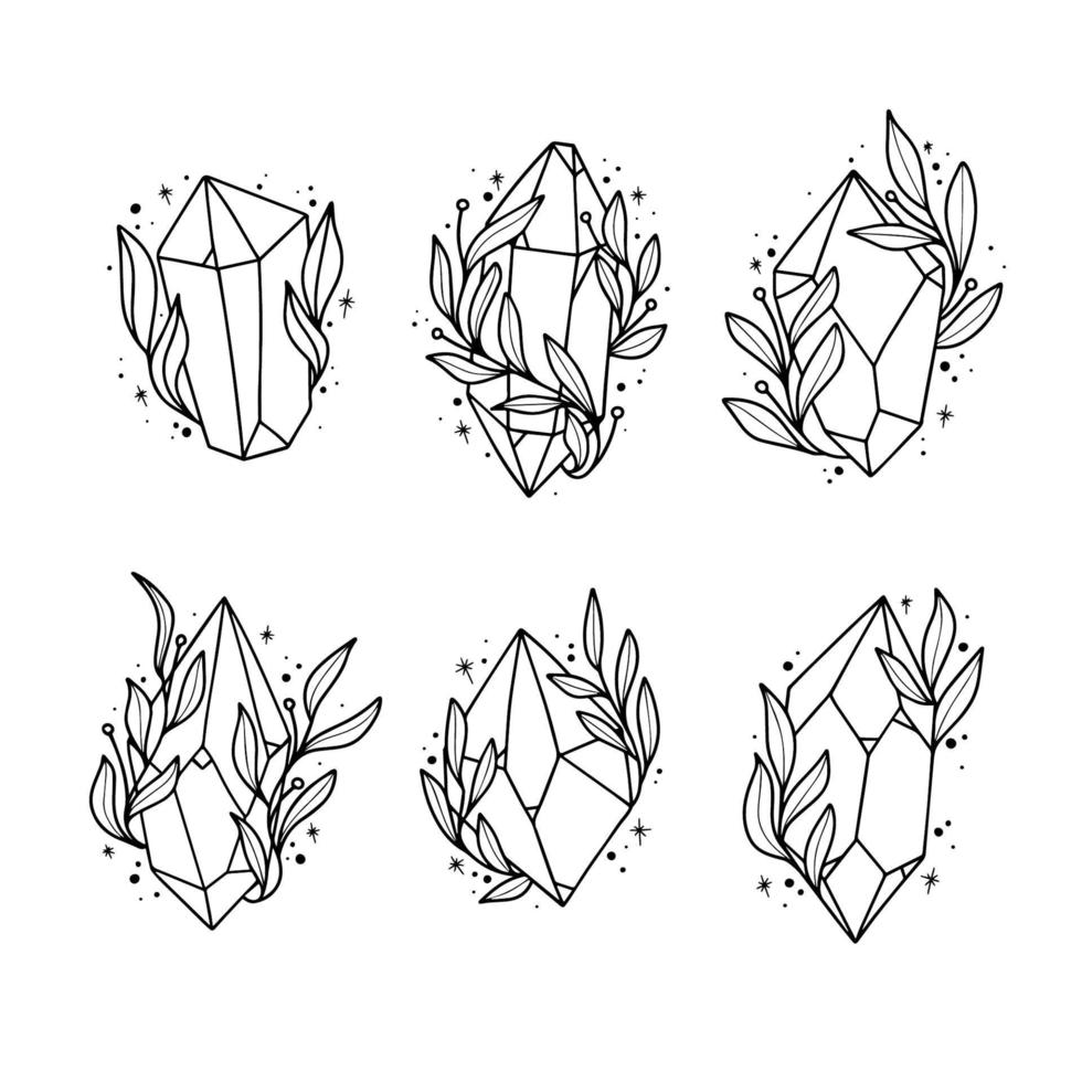 arte de línea de piedras preciosas de cristal con flores para tatuaje vector