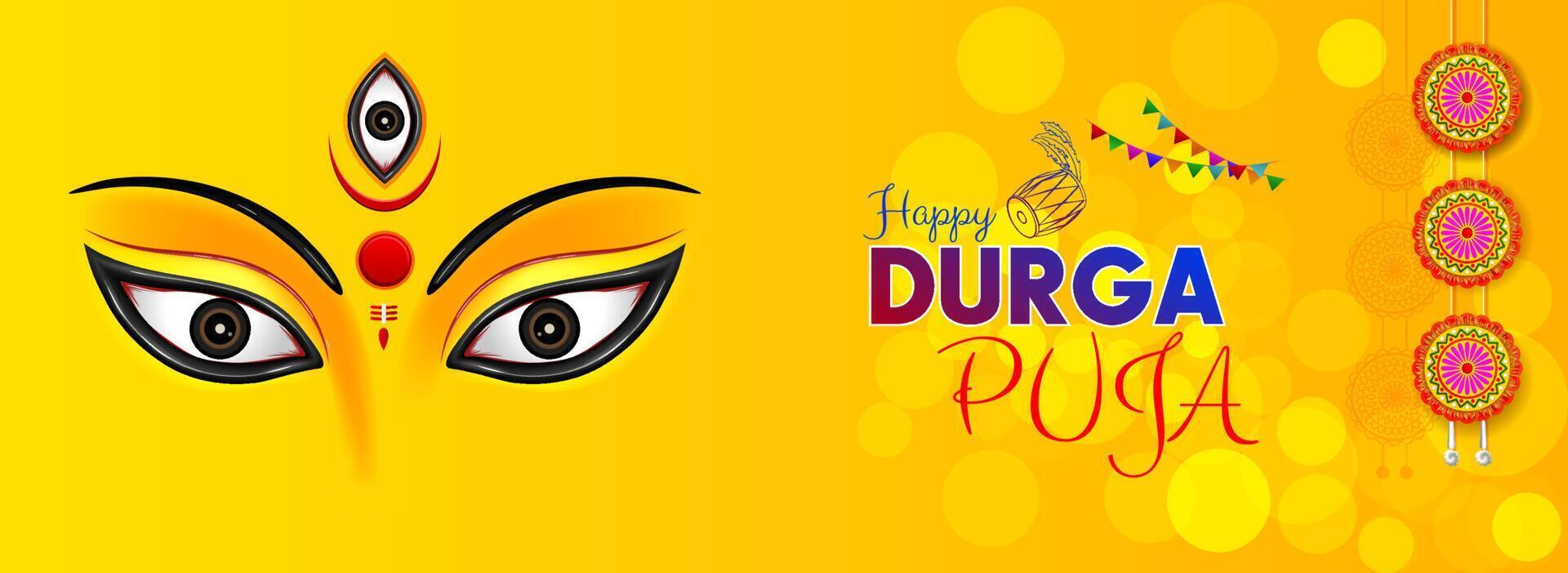 happy durga puja cover banner design with illustration of goddess durga face vector