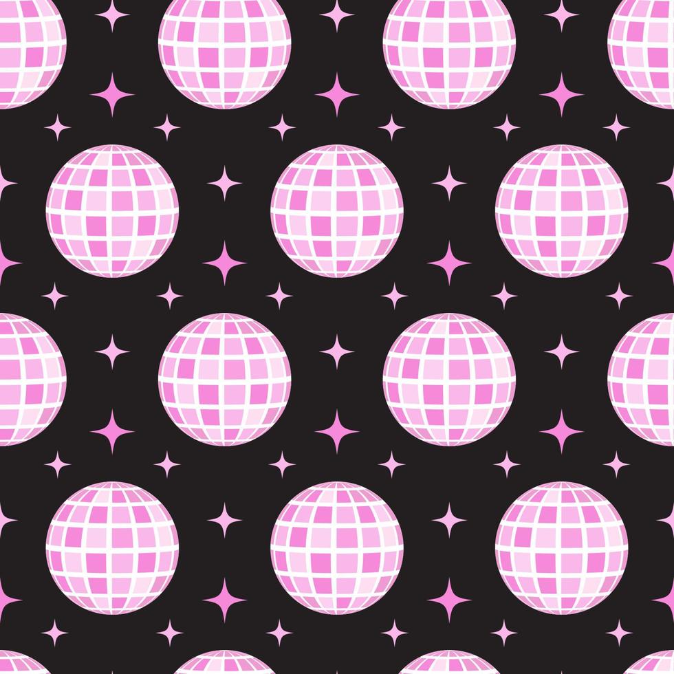 Pink groovy disco ball seamless pattern. Cute girly background in retro style. vector