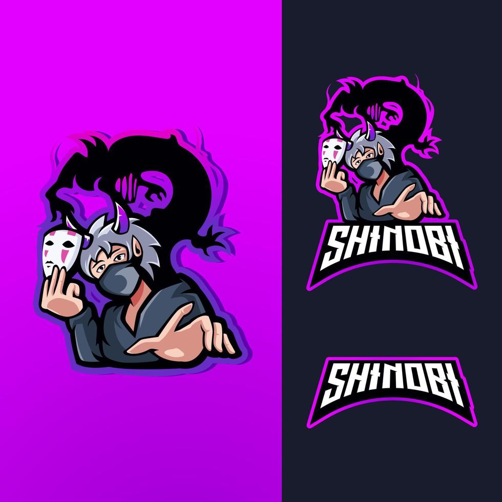 shinobi o ninja sosteniendo una máscara y una sombra detrás de ella vector de ilustración de diseño de logotipo de mascota para juegos de esport