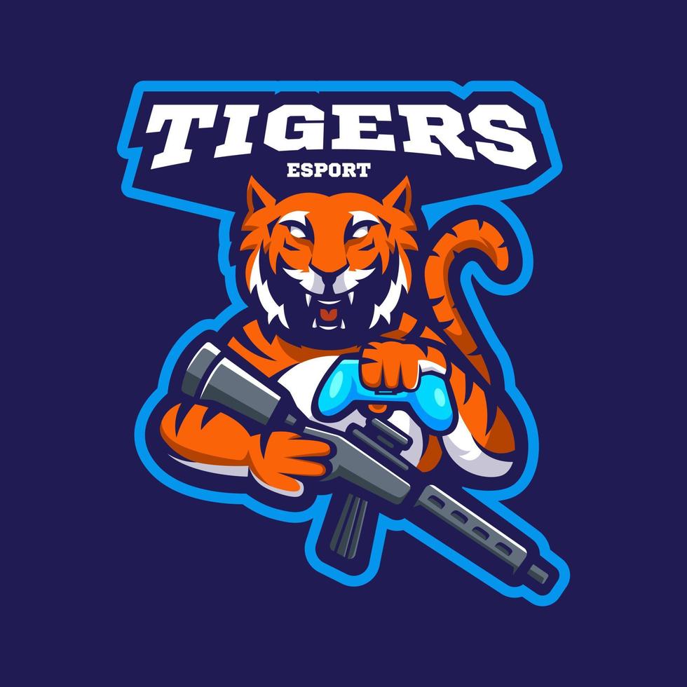 Tiger use gun and joystick mascot logo design illustration vector for esports gaming