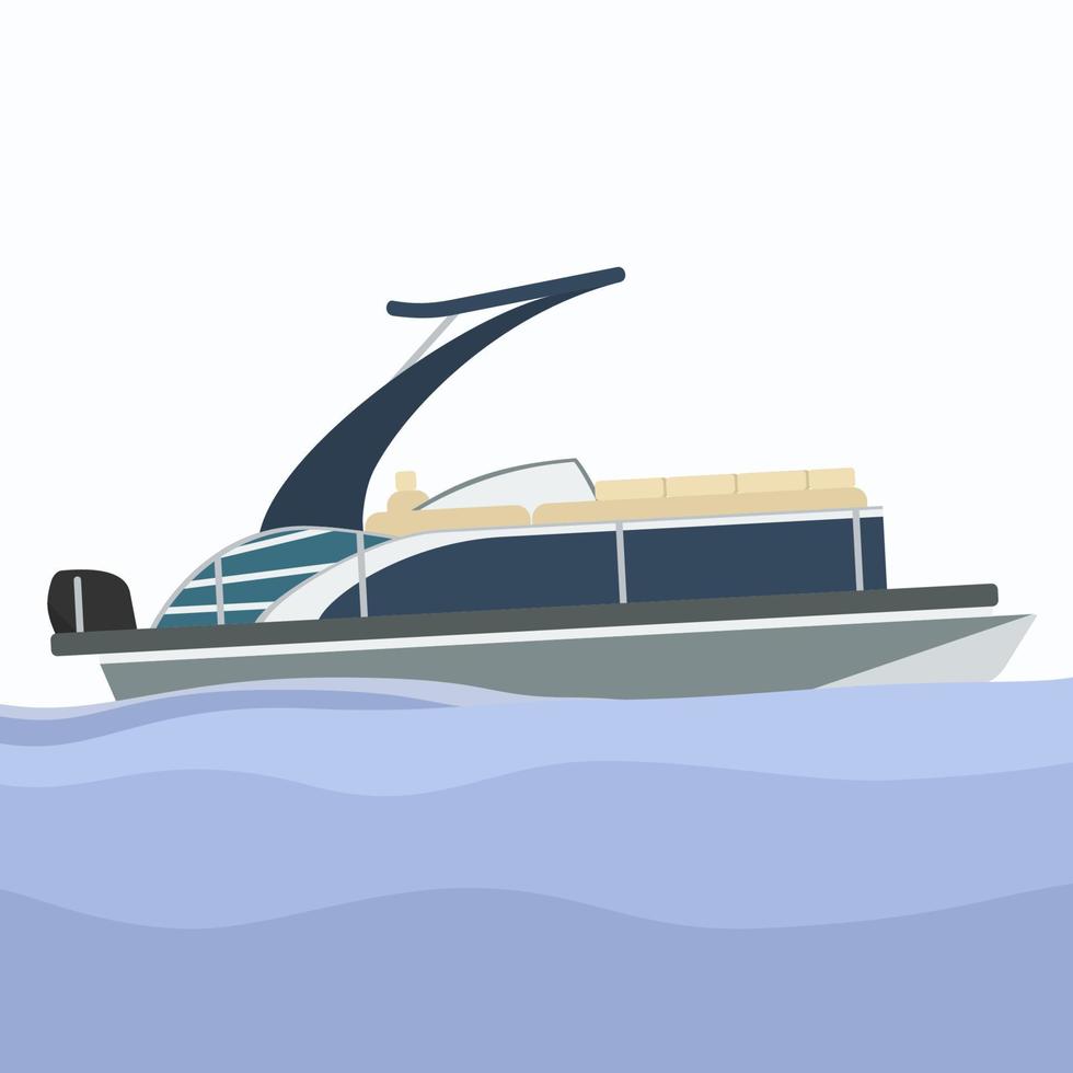 Editable Side View Sport Arch Pontoon Boat on Wavy Blue Water Vector Illustration for Transportation or Recreation Related Design