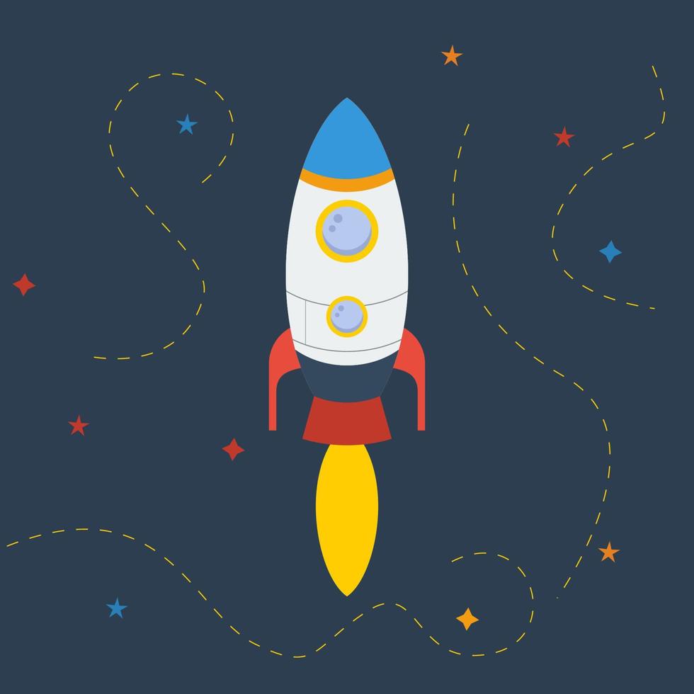 Editable Flying Rocket with Dashed Lines and Stars on Space Vector Illustration for Astronomy or Kids Art Related Purposes