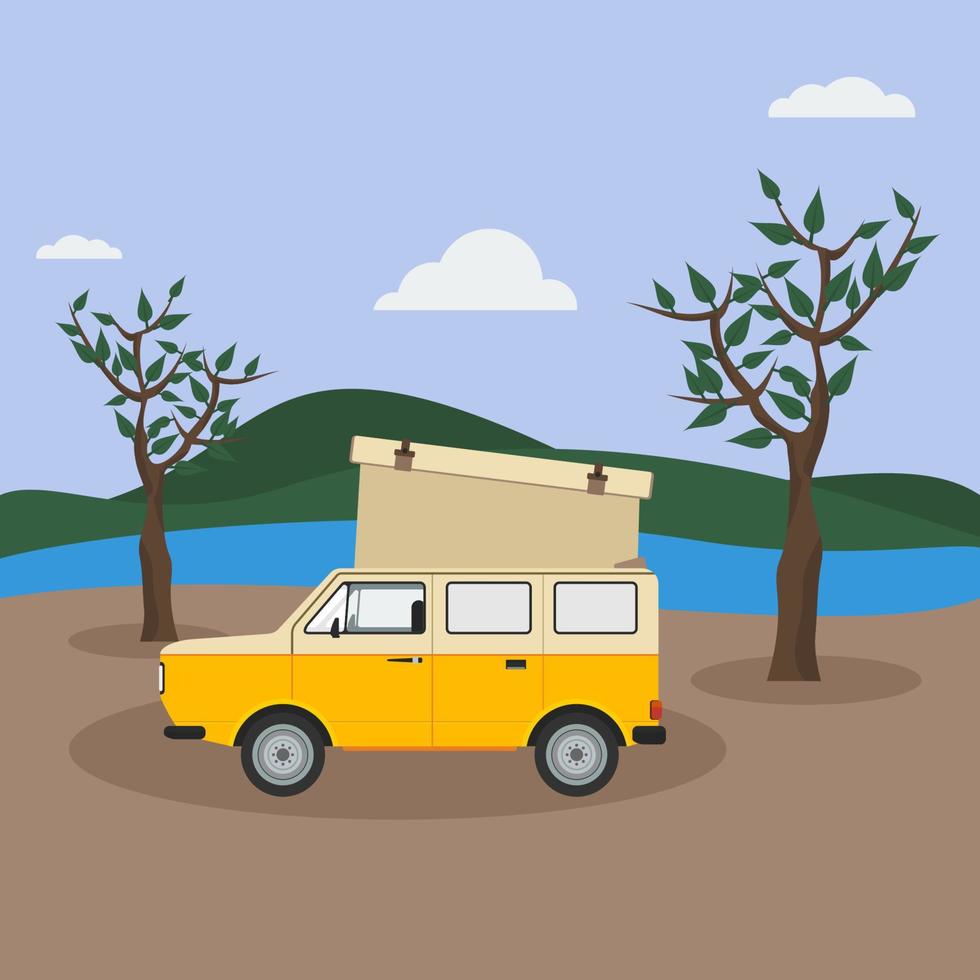 Editable Camper Van on Vacation Vector at River Bank and Mountain Background Illustration for Recreation and Tourism Travel Design Purposes