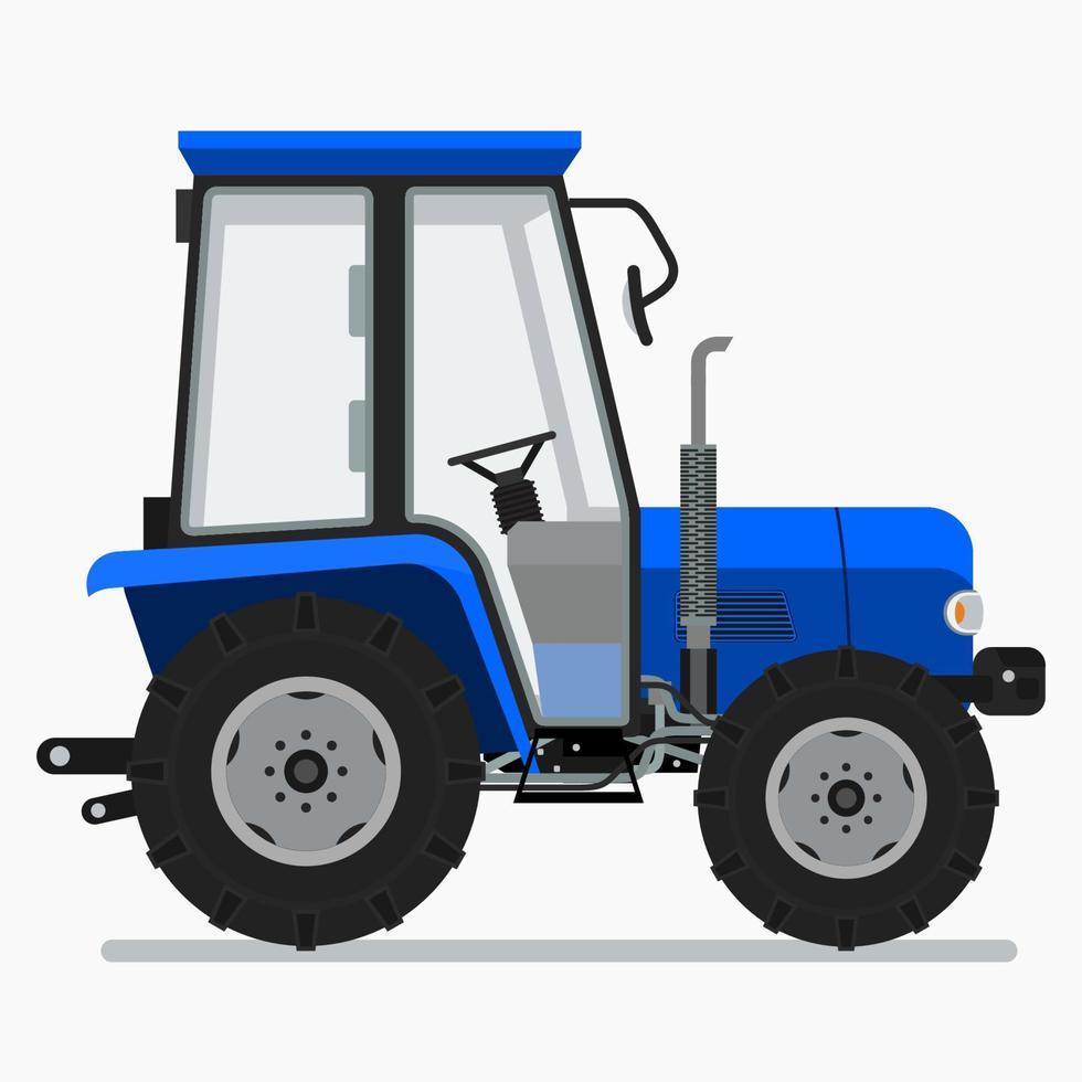 Ilustración de vector de tractor de granja azul de vista lateral editable para elemento de arte de vehículo o diseño relacionado con la agricultura