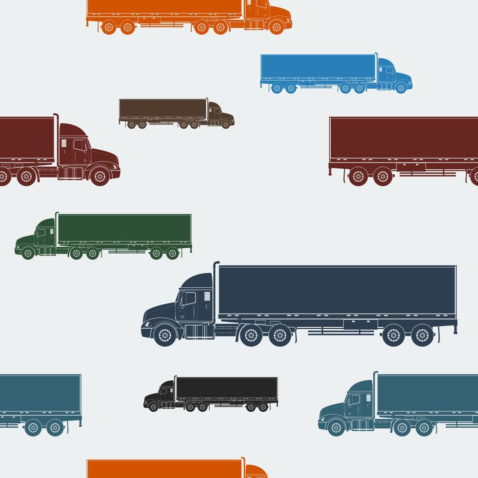 Editable Flat Monochrome Style Side View Trailer Trucks Vector Illustration in Various Colors as Seamless Pattern for Creating Background of Vehicle or Shipment Transportation Related Design