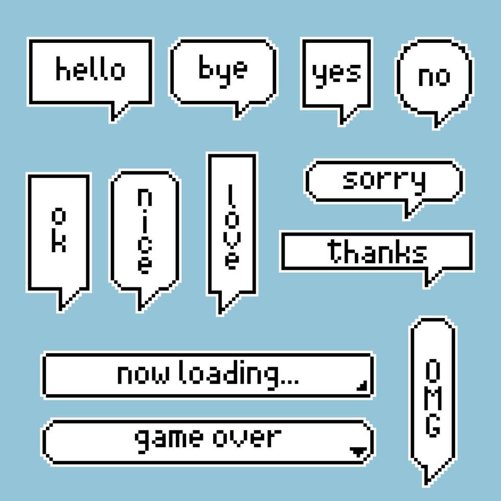 collection set of retro game 8 bit pixel speech bubble balloon black and white color, flat design vector illustration