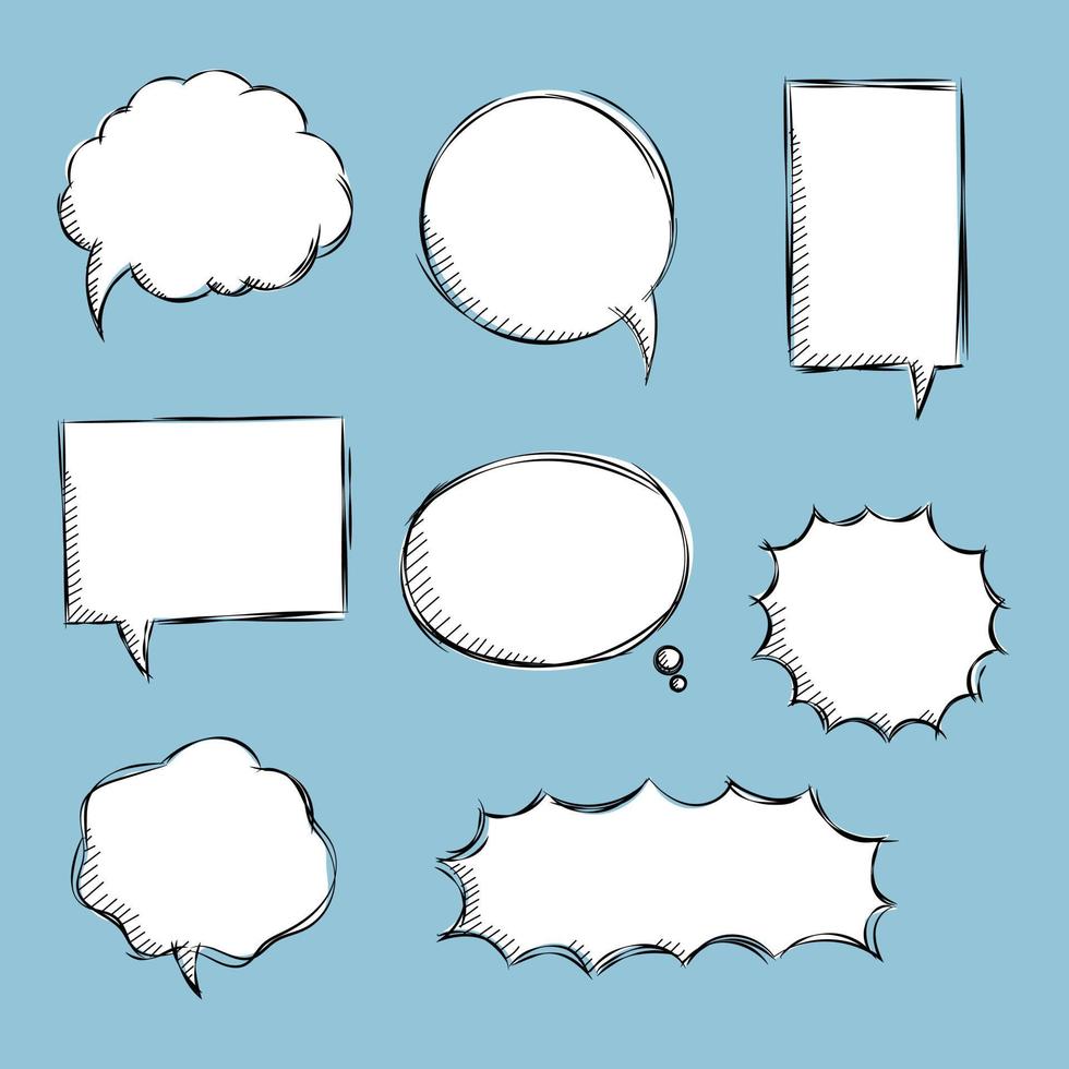 collection set of blank  black and white hand drawing speech bubble balloon, think speak talk text box, banner, flat vector illustration design