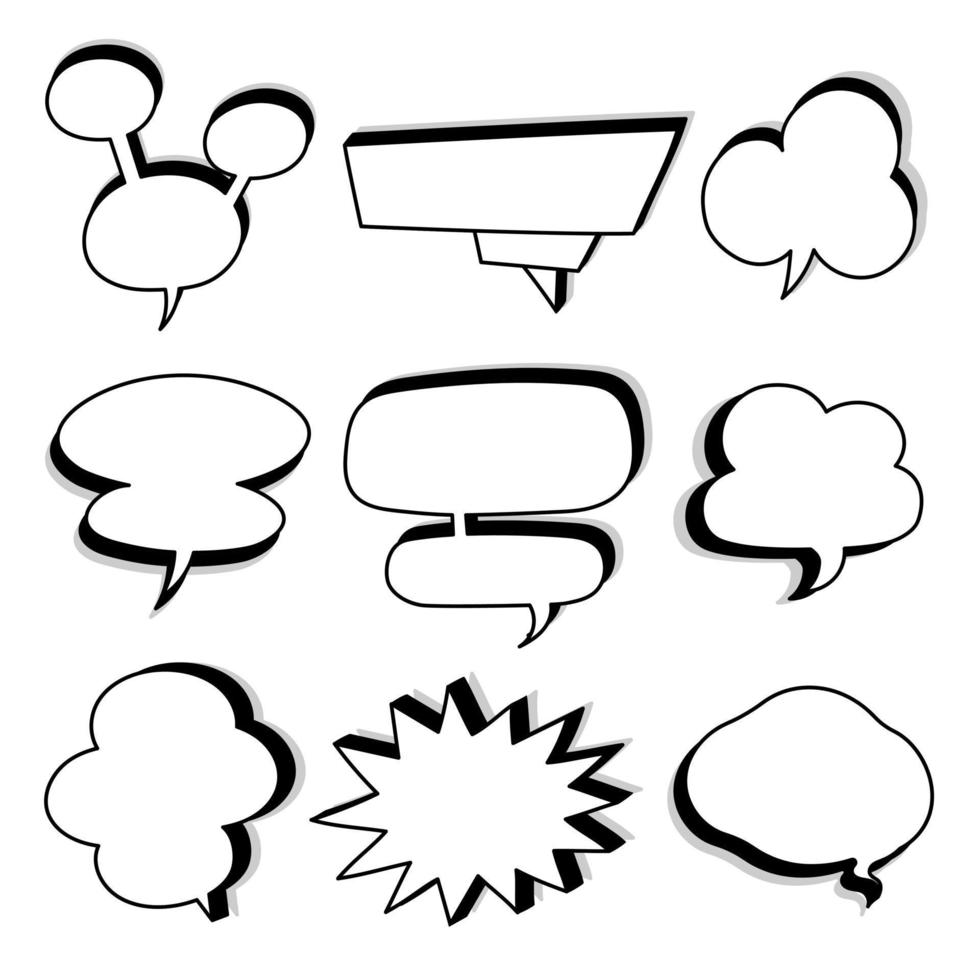 collection set of hand drawn 3D blank speech bubble balloon, think, speak, talk, text box banner, black and white color, flat design vector illustration