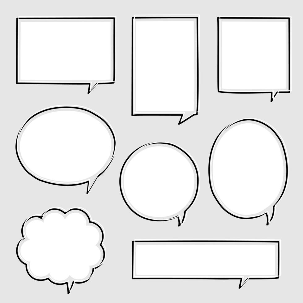 conjunto de colección de globo de burbuja de voz en blanco dibujado a mano, pensar, hablar, hablar, banner de cuadro de texto, color blanco y negro, ilustración de vector de diseño plano