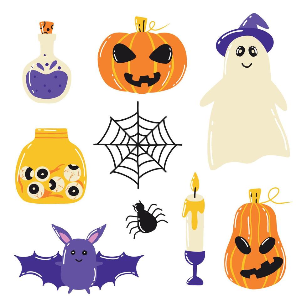 conjunto de halloween estilo garabato. ilustración vectorial terrible colección para halloween. fantasma, calabaza, poción, frasco con ojos. vector