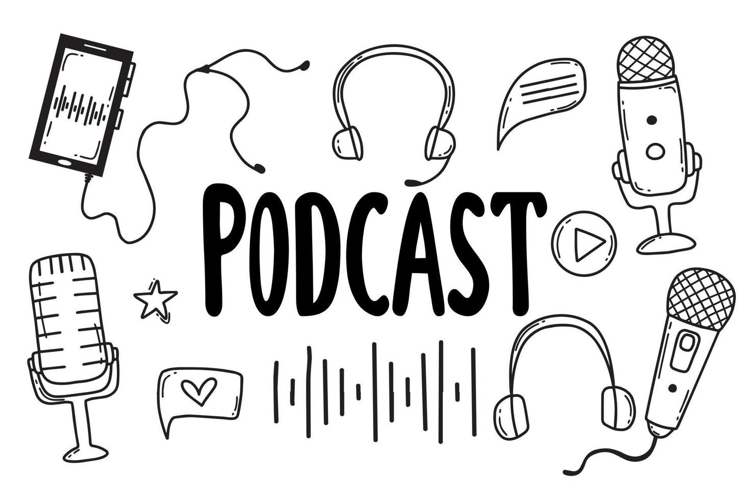 Podcast set. Vector illustration. Doodle style. Collection for broadcasting. Microphones and headphones.
