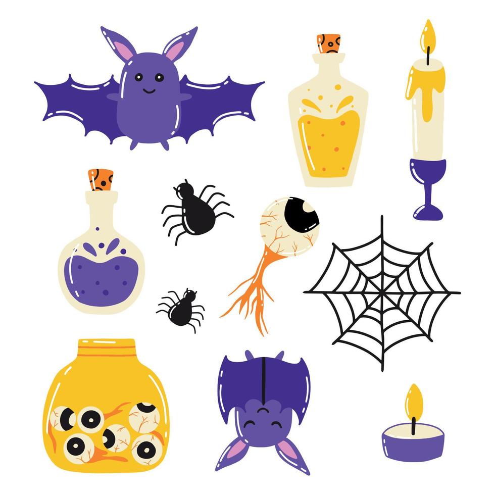 Halloween set. Magic set. Doodle style. Vector illustration . A collection of candles, a cauldron, flying soap, a potion, a jar with eyes. Attributes for magic.