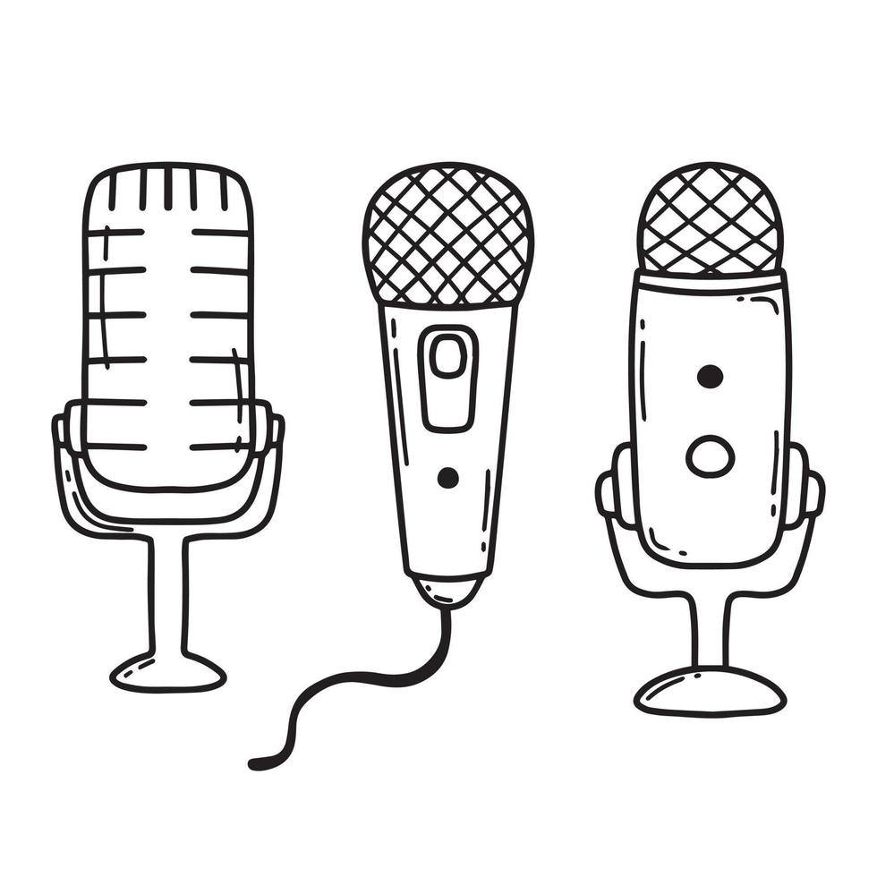 A set of microphones. Doodle style. Vector illustration.