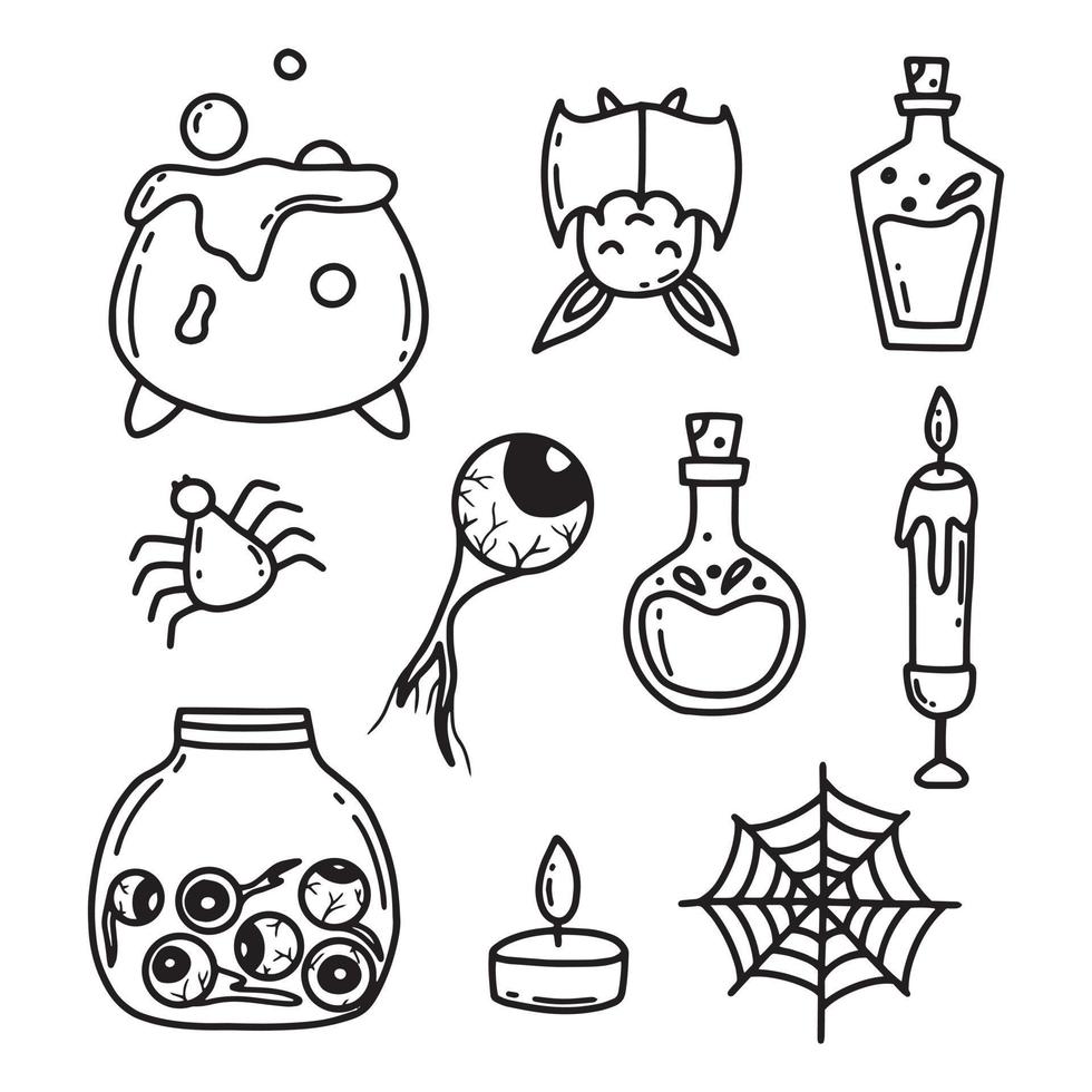 Halloween set. Magic set. Doodle style. Vector illustration . A collection of candles, a cauldron, flying soap, a potion, a jar with eyes. Attributes for magic.