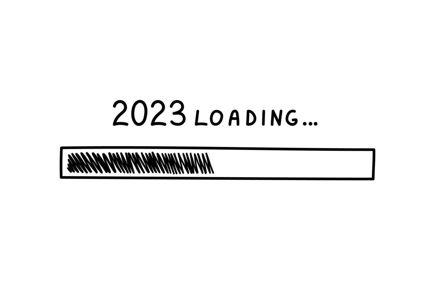 Progress bar 2023 new year in doodle style, vector illustration. Hand drawn loading symbol, black isolated element on a white background. Sketch load bar for print and design