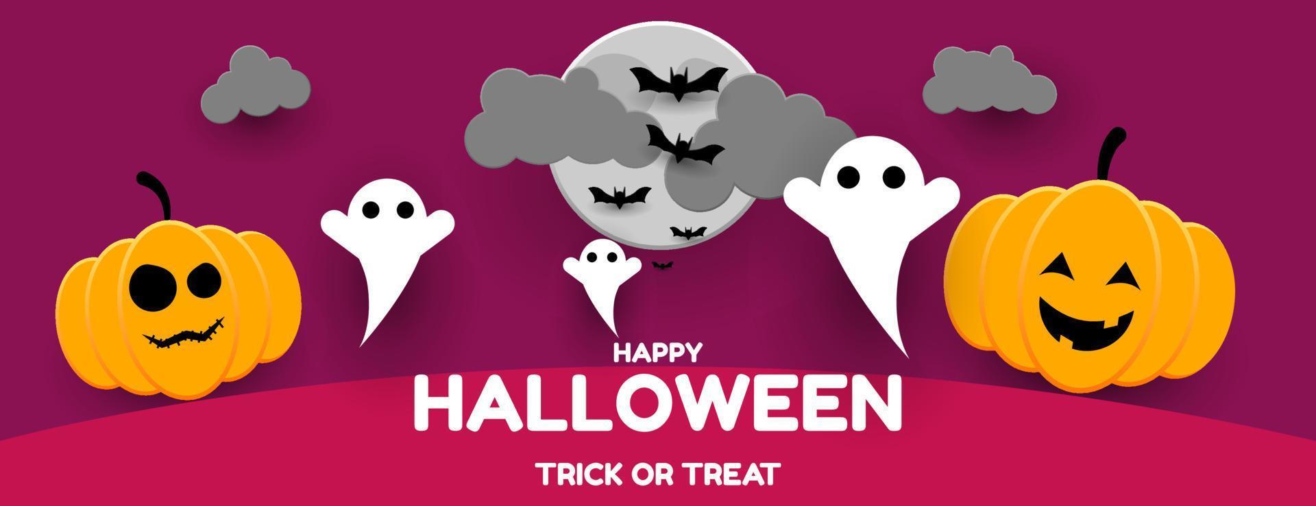 Happy halloween background with ghost , pumpkin, moon, cloud and bat for banner, poster, greeting card, party invitation or social media vector