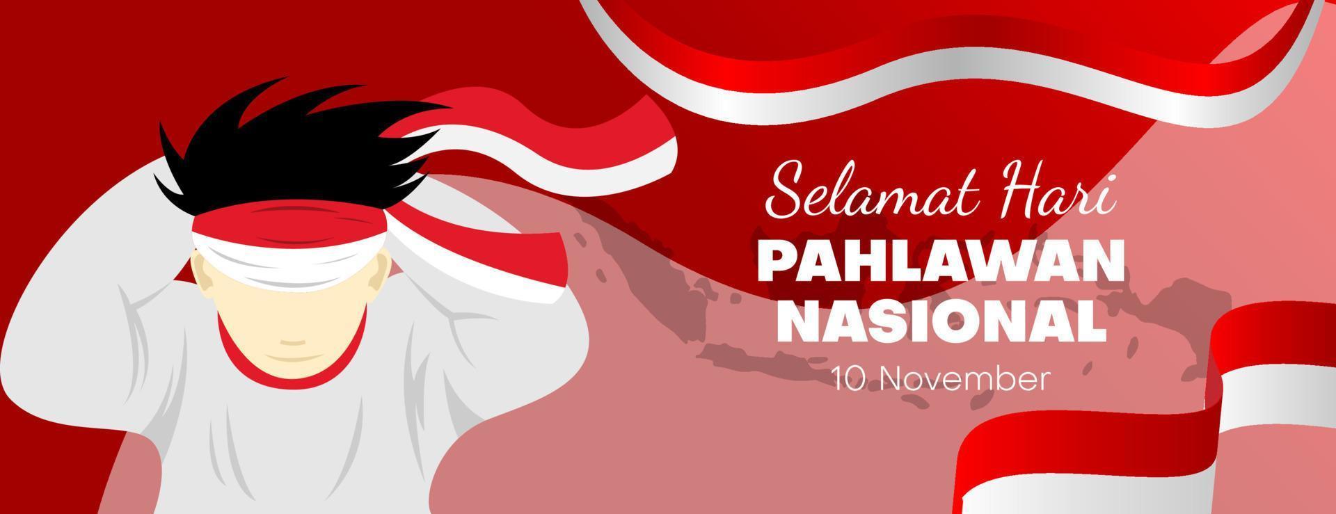 fondo del día del héroe nacional o indonesio de hari pahlawan para pancarta, afiche, tarjeta de felicitación o sitio web con la ilustración de una persona que se ata la cabeza con un paño rojo y blanco vector