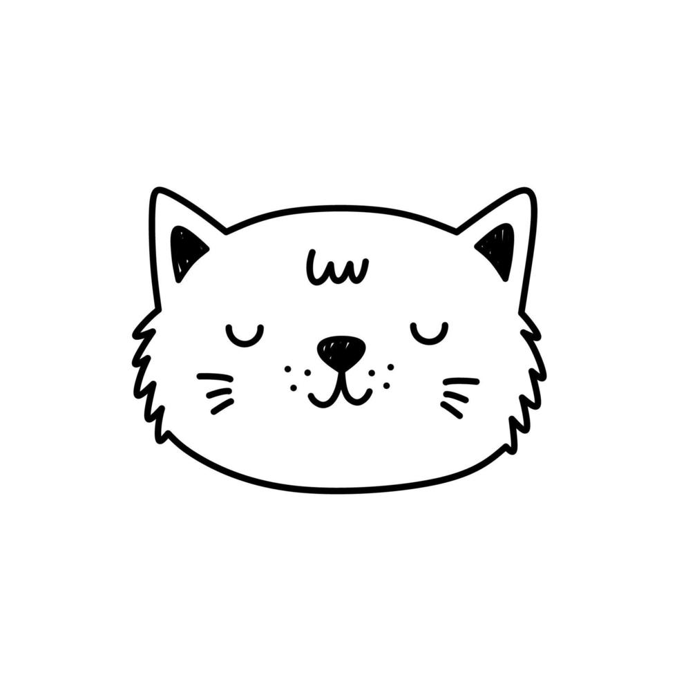 Cute cat face isolated on white background. Smiling kitten. Vector hand-drawn illustration in doodle style. Perfect for decorations, cards, logo, various designs. Simple cartoon character.