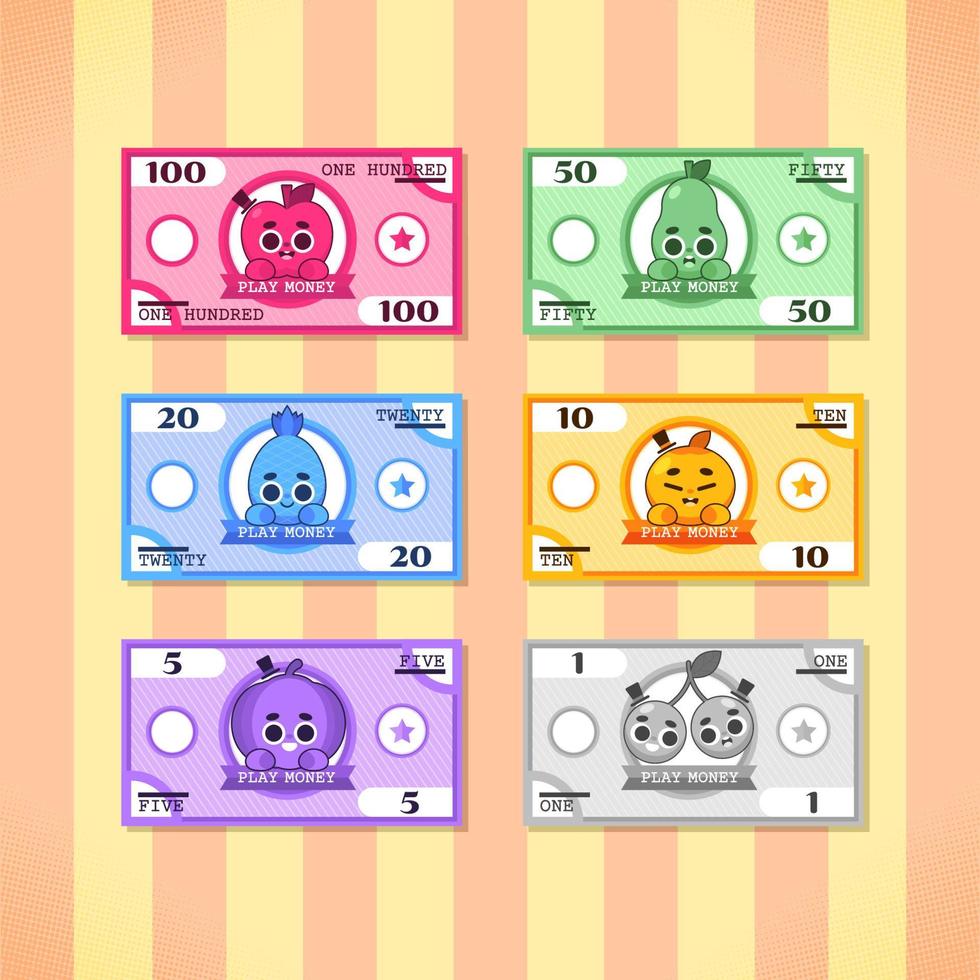 Fruits Cartoon Characters Fake Monopoly Money Elements vector