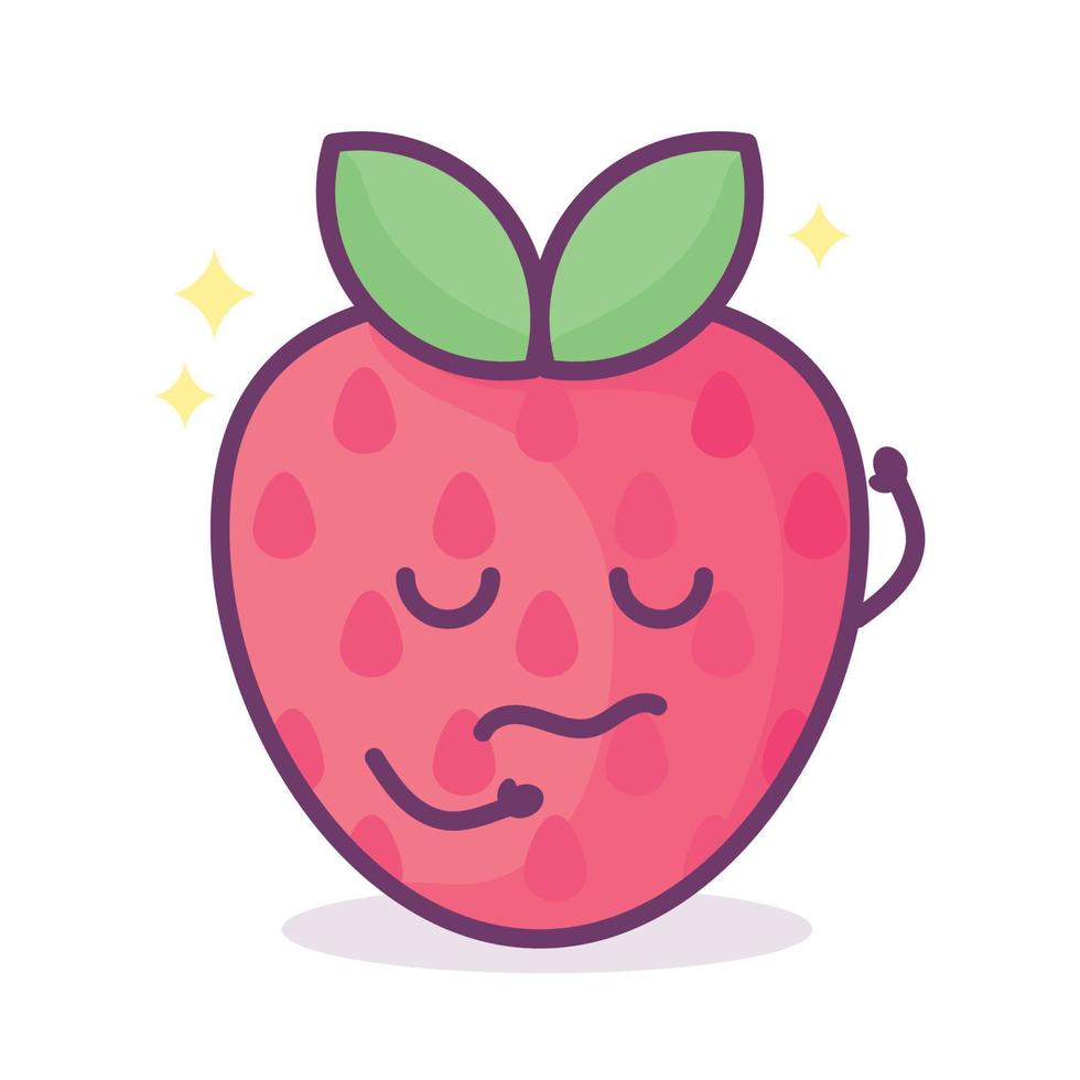 fresa kawaii con cara, corazones y destellos con letras de texto baya linda. ilustración divertida del juego de palabras de frutas, vector