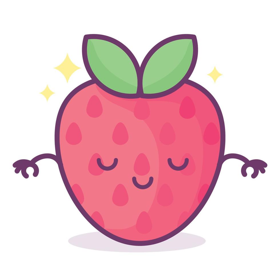 fresa kawaii con cara, corazones y destellos con letras de texto baya linda. ilustración divertida del juego de palabras de frutas, vector