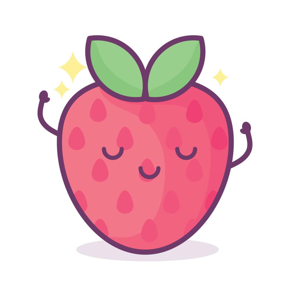 Kawaii strawberry with face, hearts and sparkles with text lettering Berry Cute. Funny fruit pun illustration, vector