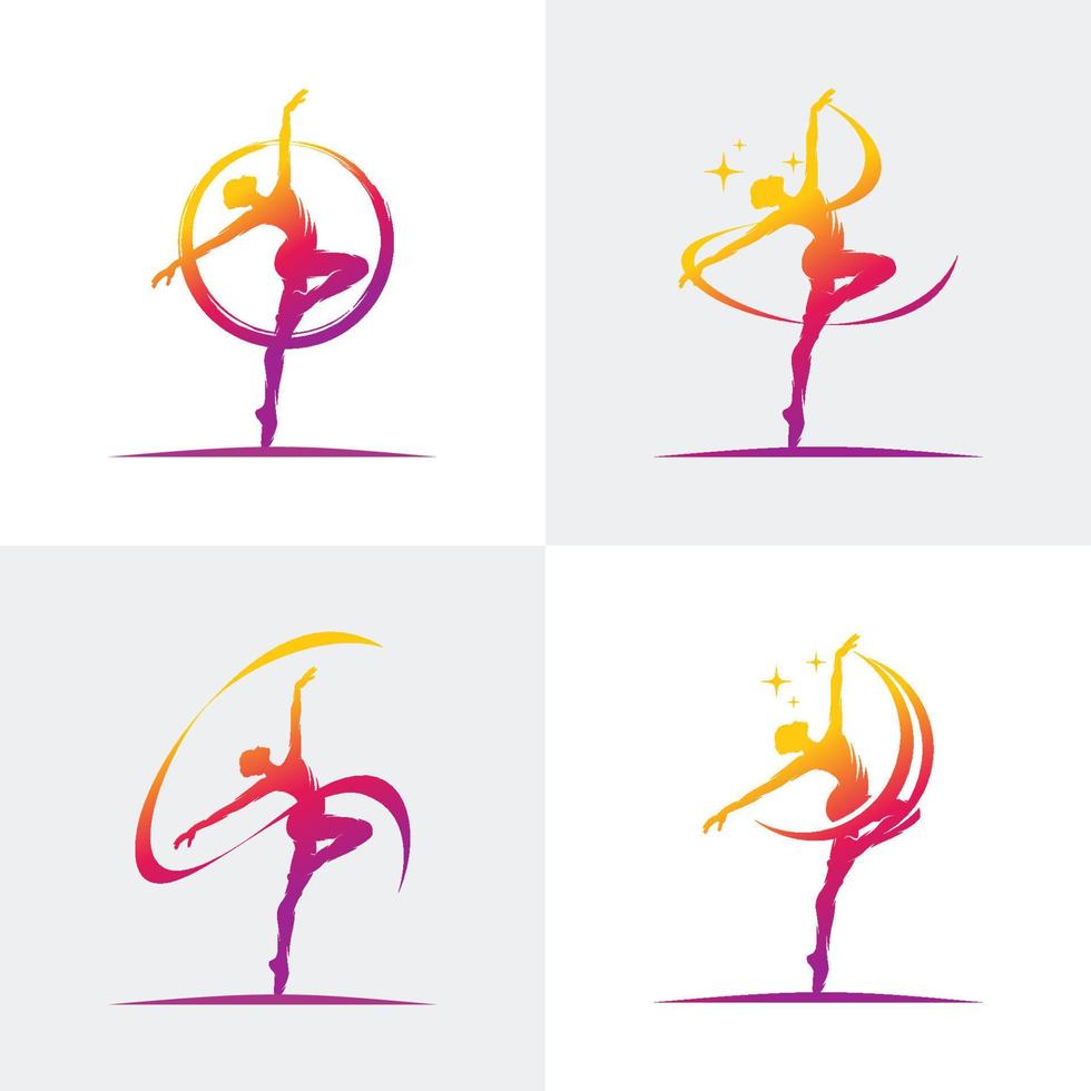 set young gymnast women dance with ribbon logo vector