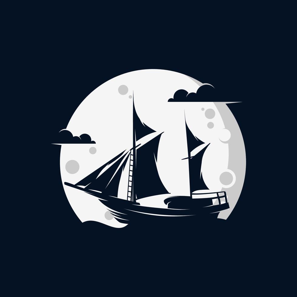 Sailing ship in the moon logo design vector