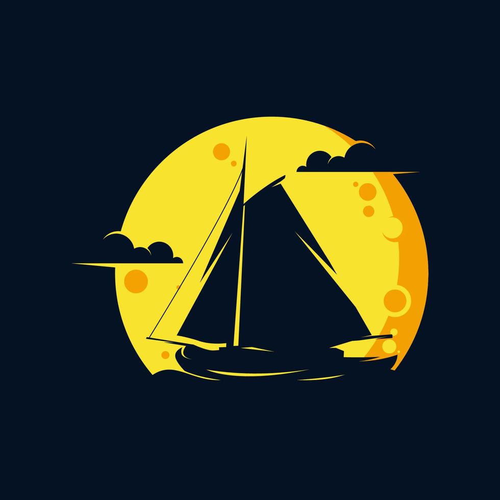 Sailing ship in the moon logo design vector