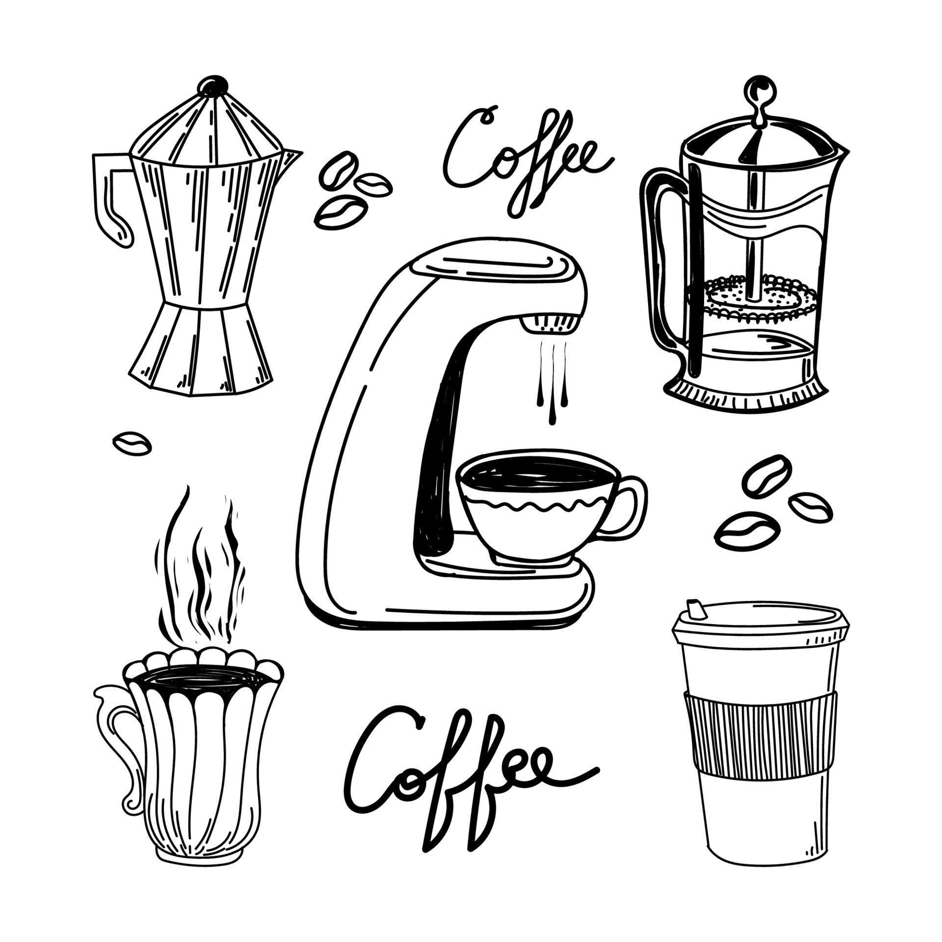Set of handdrawn icons for coffee maker with coffee cup, French press, coffee beans. Handdrawn