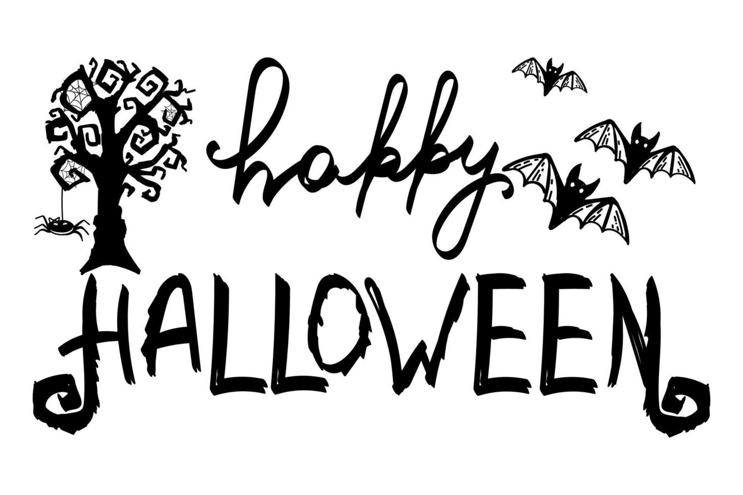 Stylized handwritten inscription. Poster with text. Happy Halloween. Scary tree with spider web and spider. Bats. Autumn. Holiday Hand-drawn vector illustration