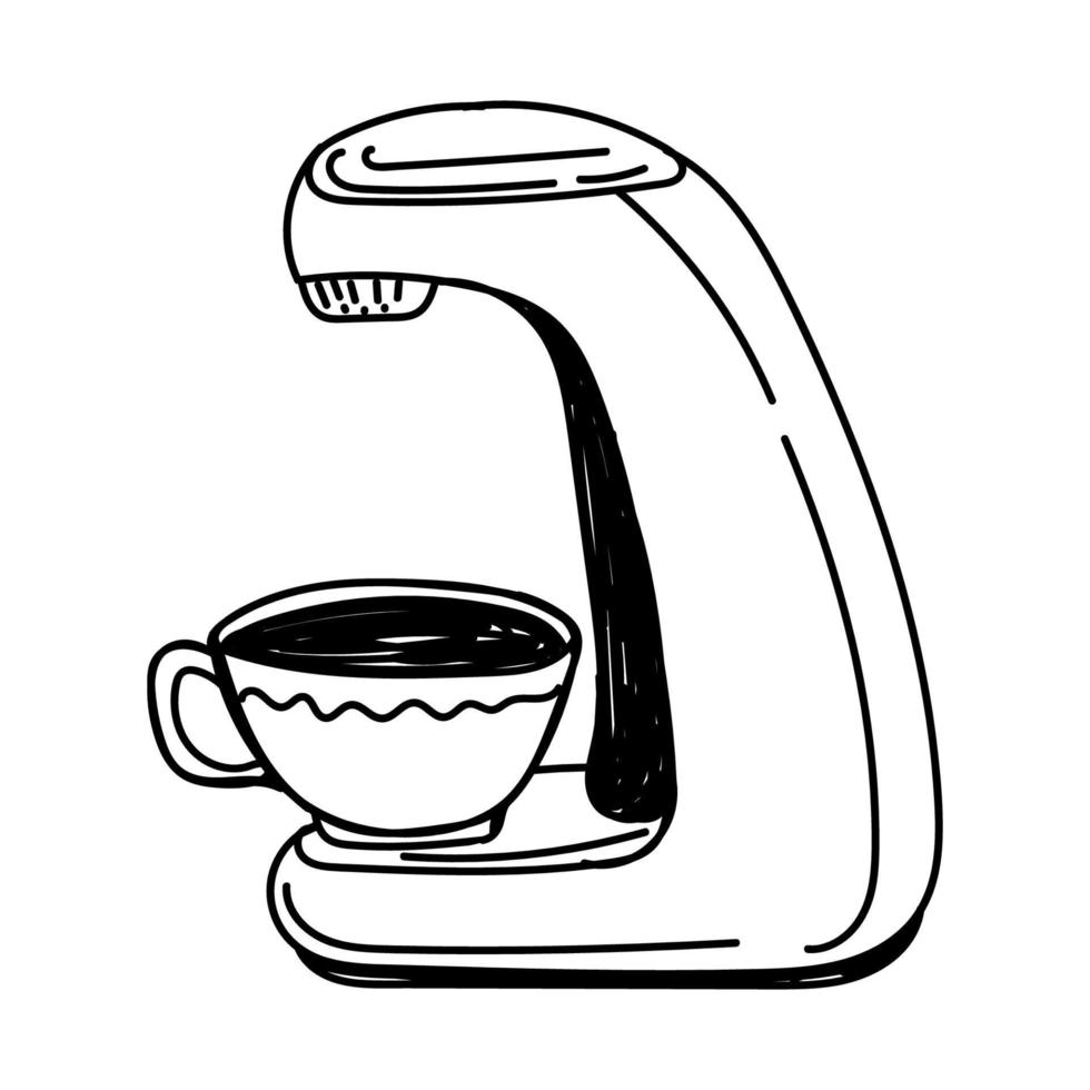 A hand-drawn icon of a coffee machine with a cup of coffee. The way the coffee is brewed. Capsule coffee machine. Morning. tomorrow Isolated vector illustration on white background