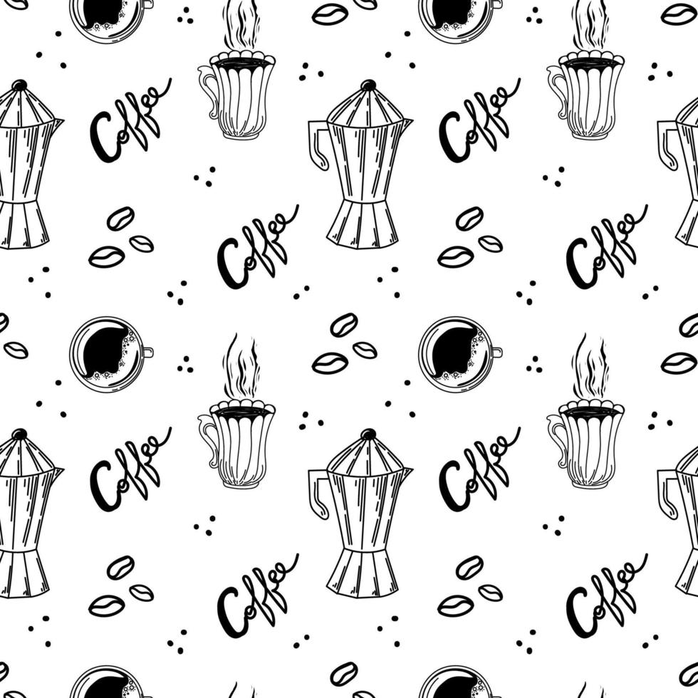 A seamless pattern of coffee maker, coffee cups and coffee beans, hand-drawn doodle elements. Hand-drawn inscriptions. Coffee brewing method. Morning breakfast vector