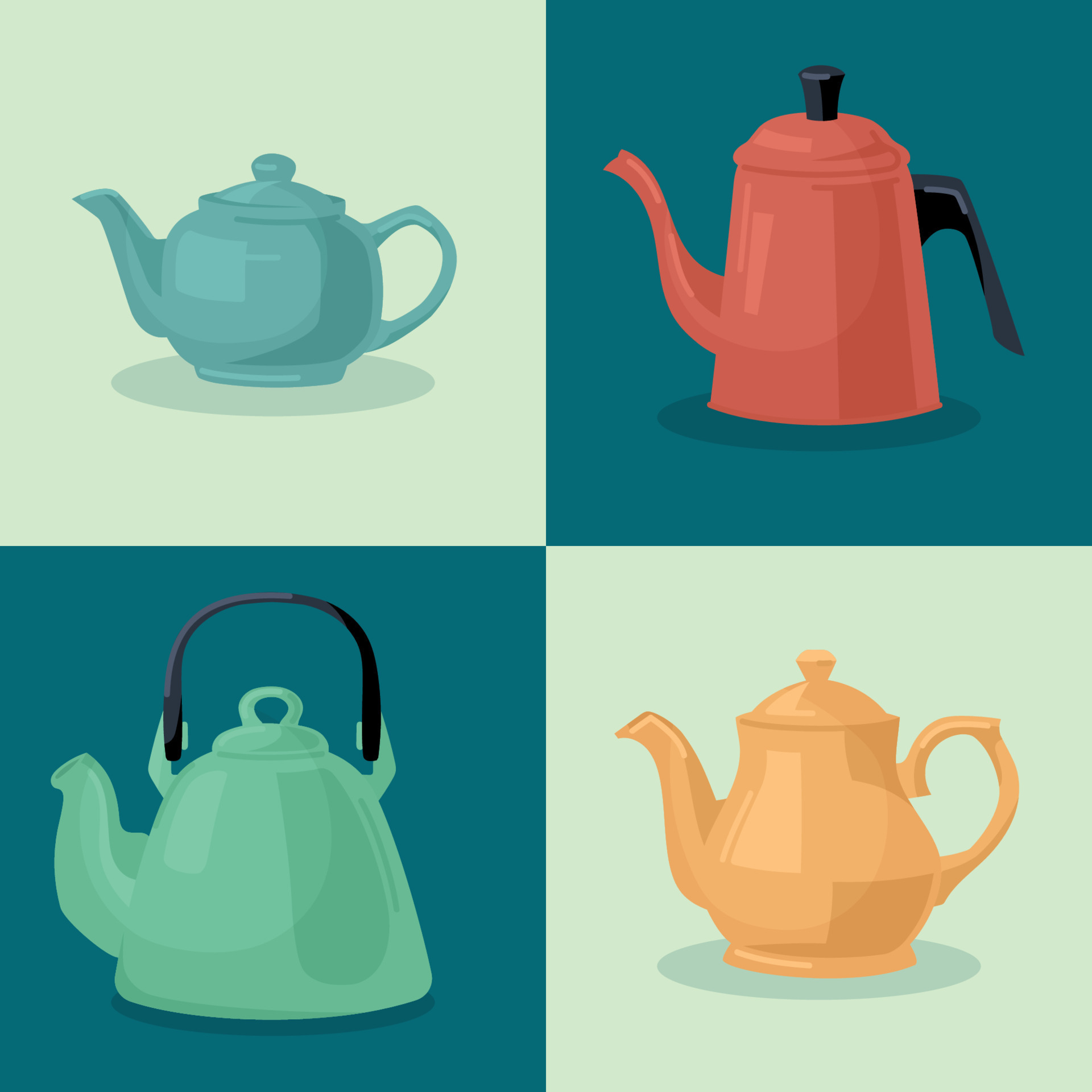 Kettle. A set of teapots of various shapes and purposes. Vector image