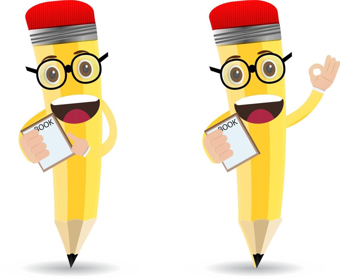 yellow cartoon  pencil characters holding book wearing glasses vector