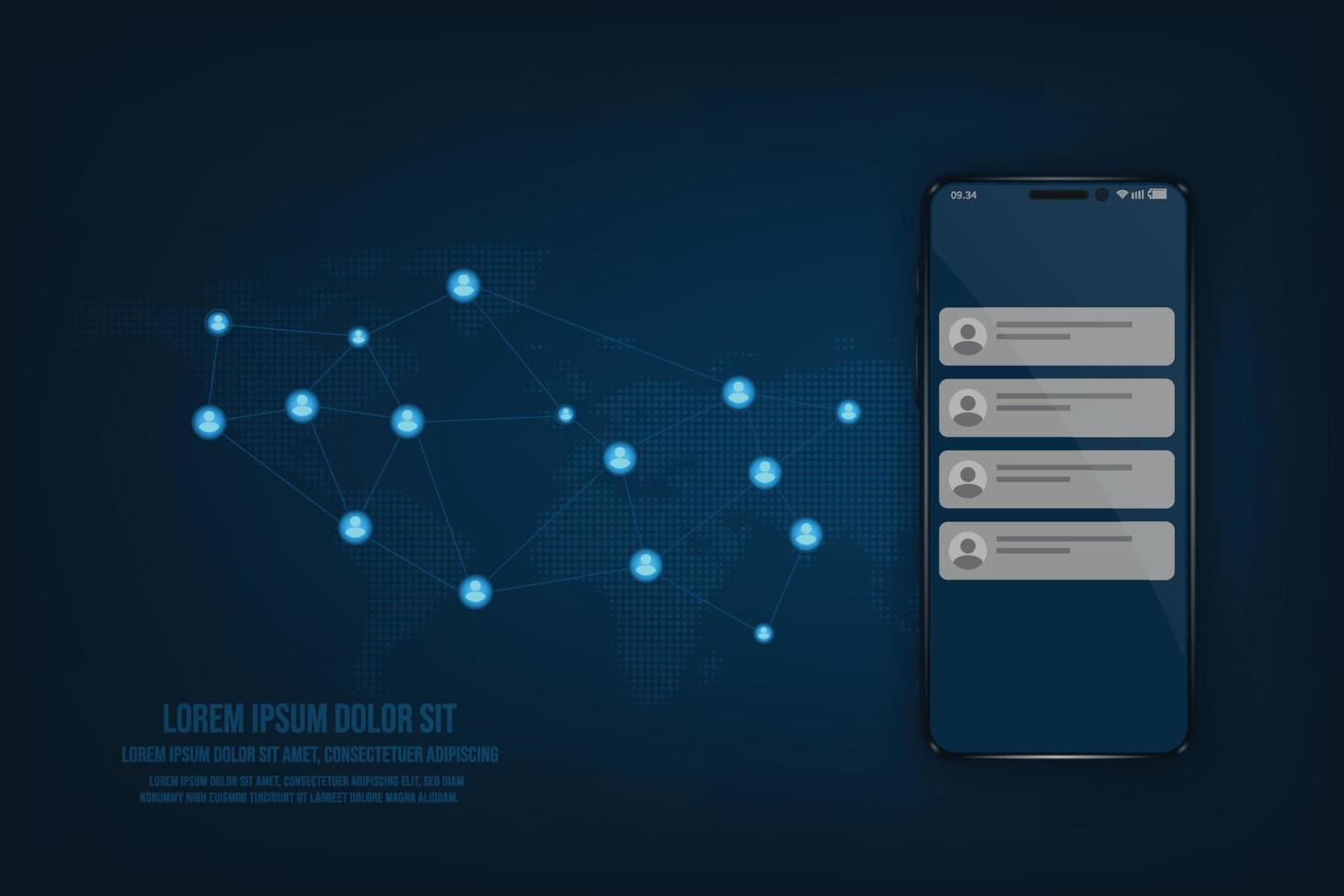 Vector mobilephone mockup witch messege bubble and icon. Communication and social media concept. Technology connecting abstract background.