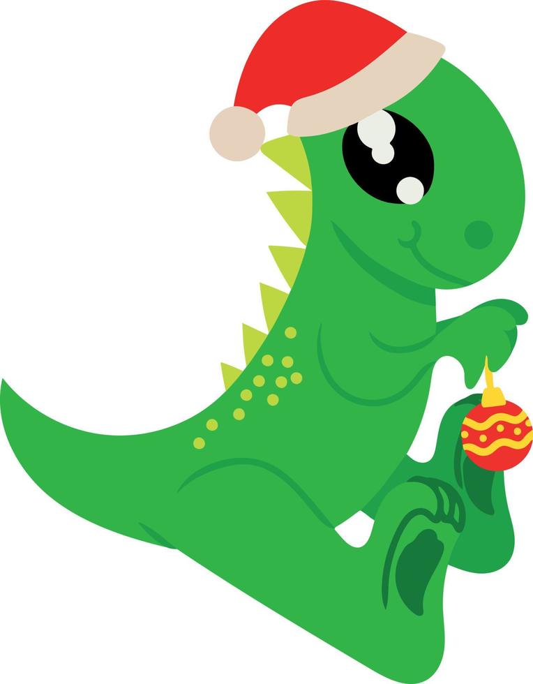 Cute dinosaur in christmas red cap and toy ball in his paws. Vector illustration isolated on white background. Design element for use as site design postcards print on clothing accessories posters