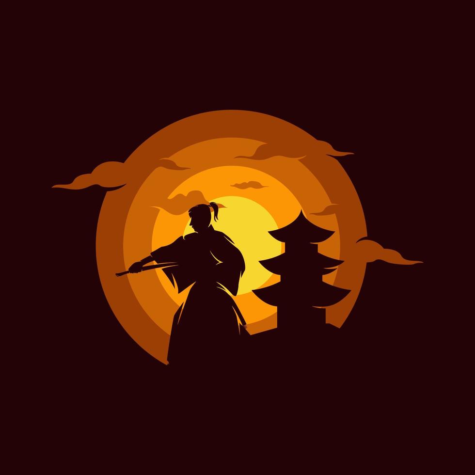 un ninja japonés en el logo de la puesta del sol vector
