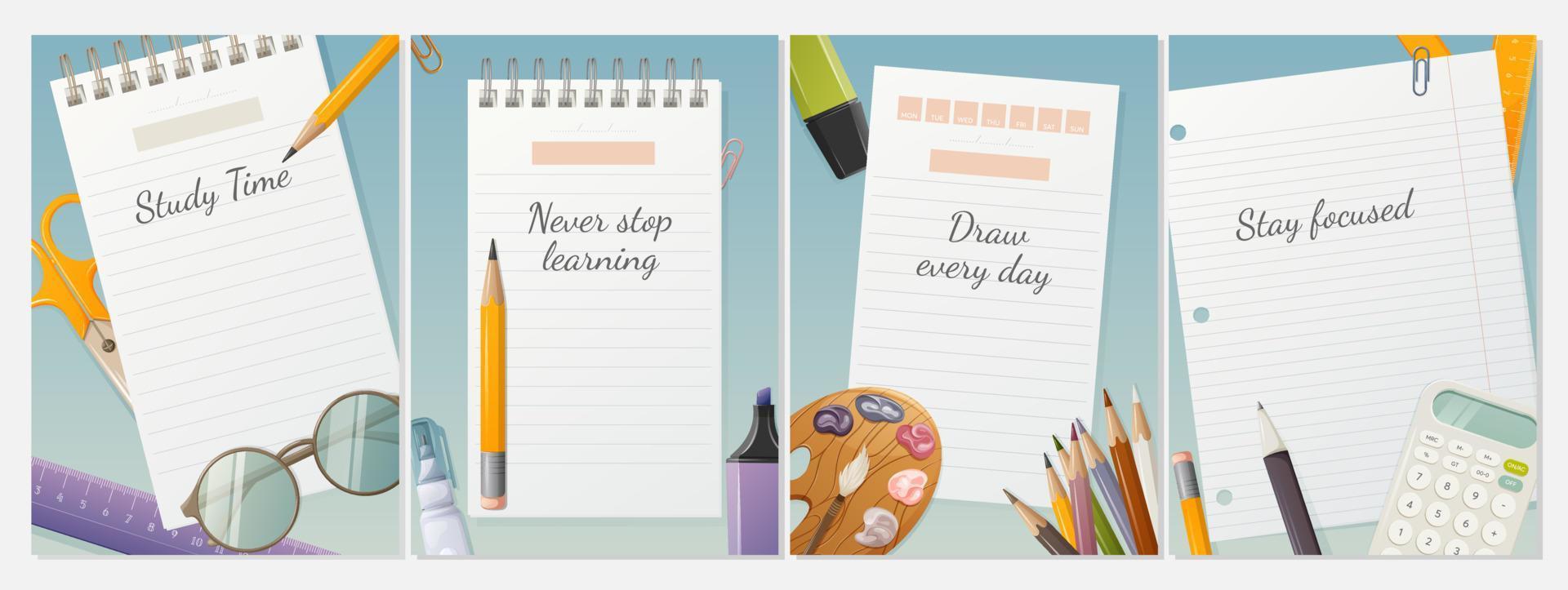 Set of school poster with sheets of notepad and motivational phrases. Stationery item, calculator, glasses, art elements. Background for banner, study motivation. Vector illustration