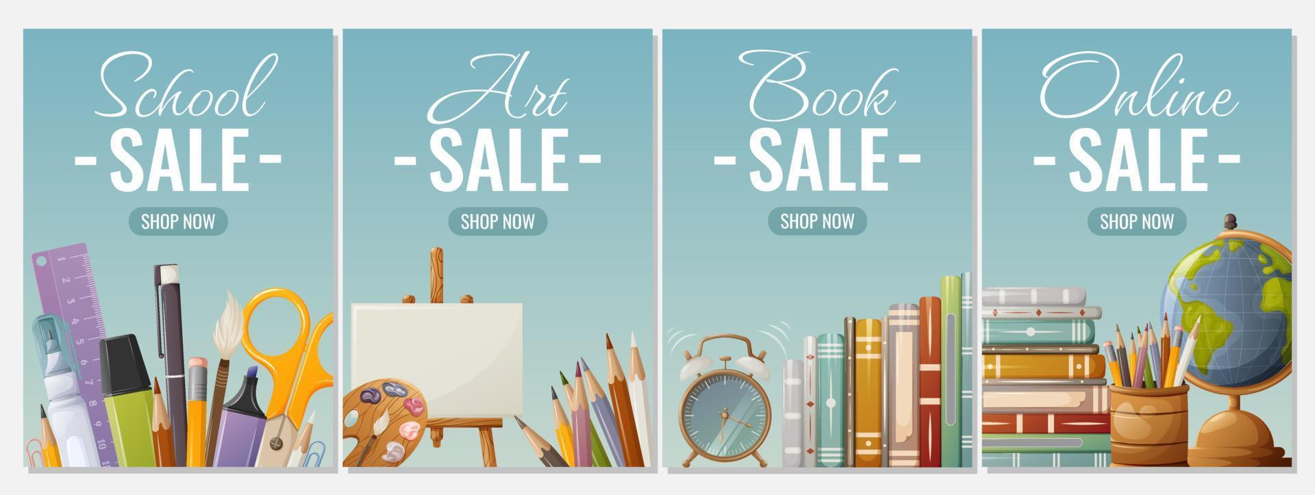 Set of sale posters. Items for school, art, reading, online store. Vector illustration. Education, business concept. For banner, flyer