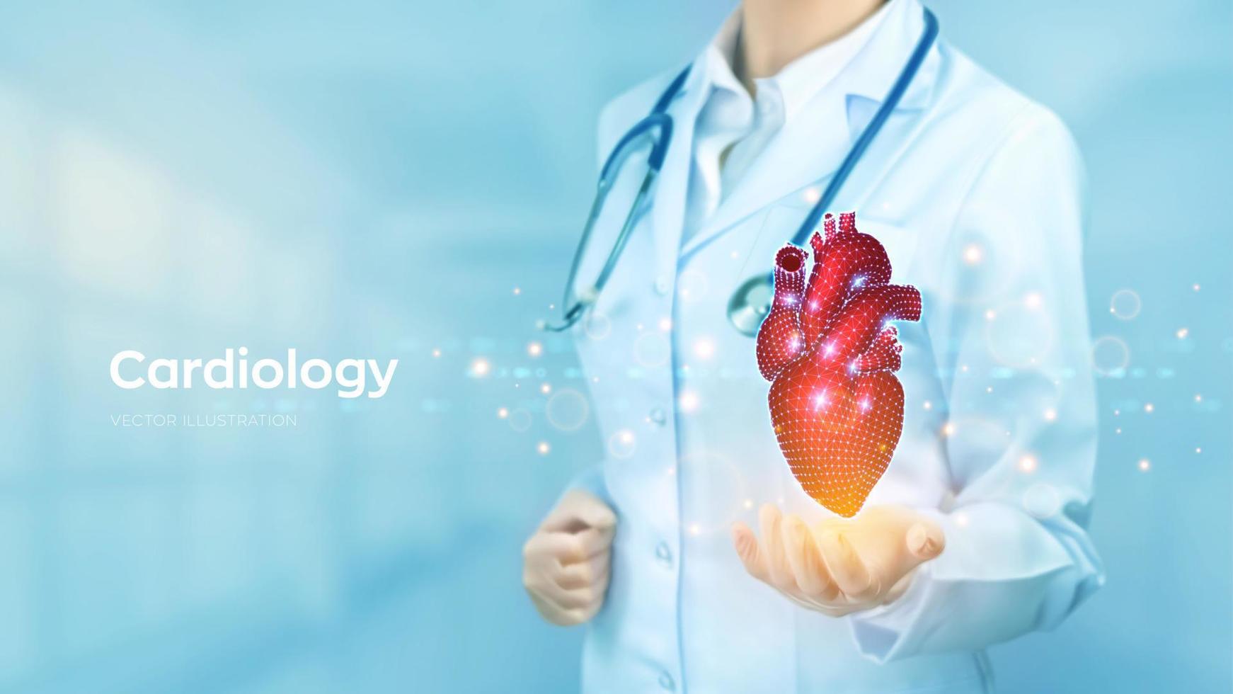 Cardiology medicine concept. Diagnostics and Treatment of heart disease, myocardial infarction. Doctor holding in hand abstract human heart organ. Health care, Medical technology. Vector illustration.