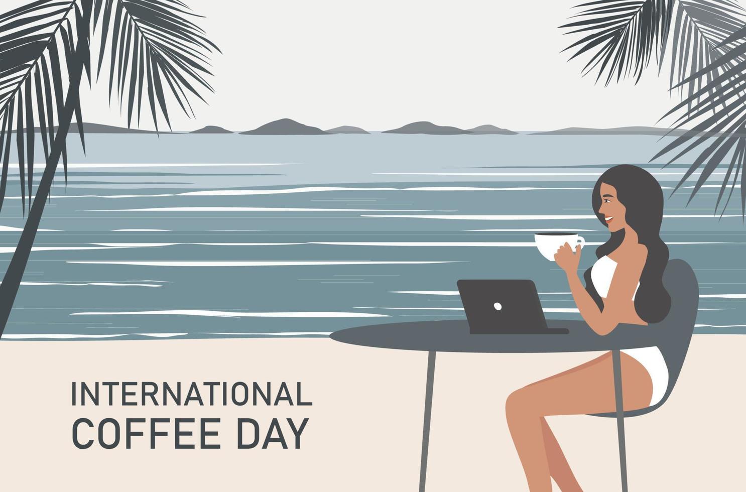 día internacional del café hermosa mujer bebiendo una taza de café caliente ilustración vectorial. fondo del concepto de café vector