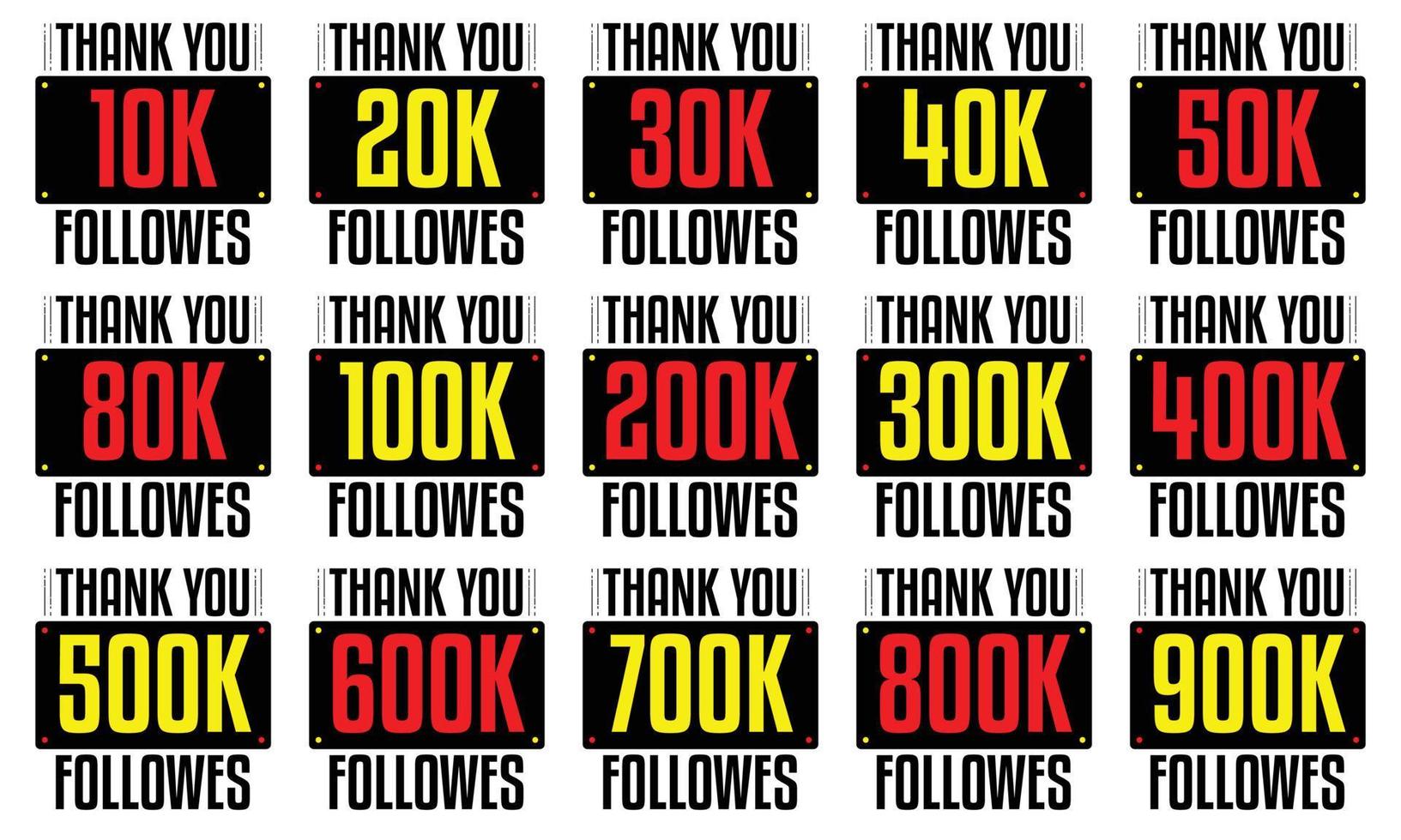 saludo tarjeta social gracias 100k, 200k, 500k, 800k y 900k seguidores. gracias seguidores diseño vectorial descarga gratuita vector