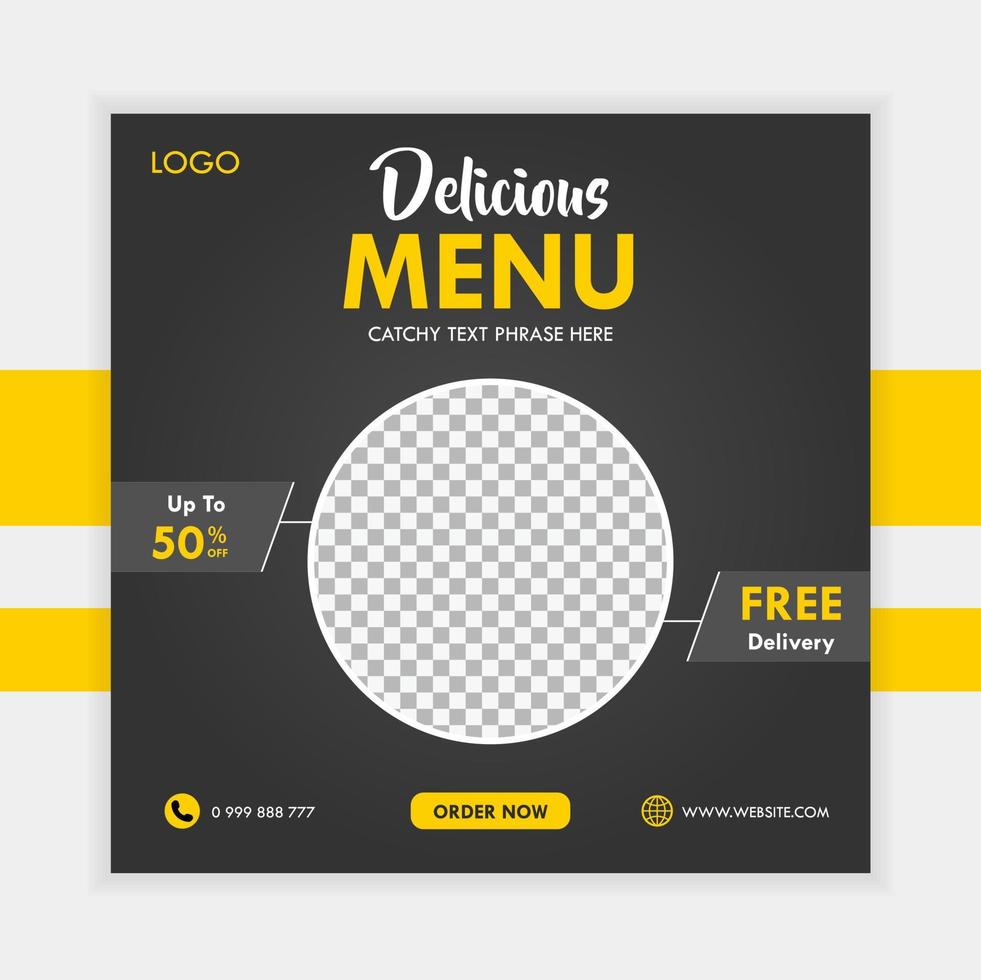 delicioso restaurante comida publicación en redes sociales diseño cuadrado promoción descuento plantilla de banner vector