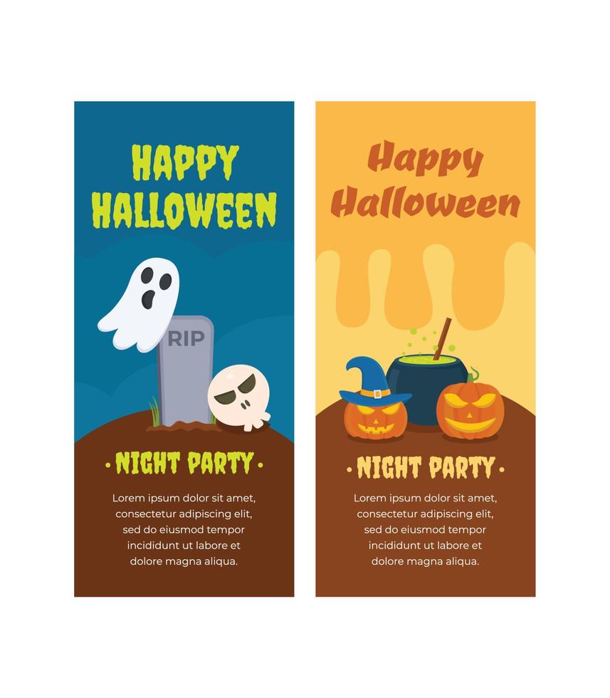 pancarta vertical de halloween. 2 opciones de banner vertical. una opción con ilustraciones de tumbas, calaveras y fantasmas. una opción más con la ilustración de una calabaza de bruja haciendo una poción. vector