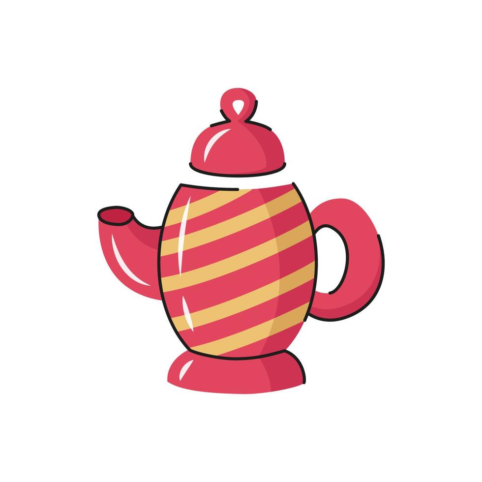 Ceramic vector teapot. Hand drawn kettle with decorative elements.  Cartoon dishware, kitchen utensil, tool for teatime.