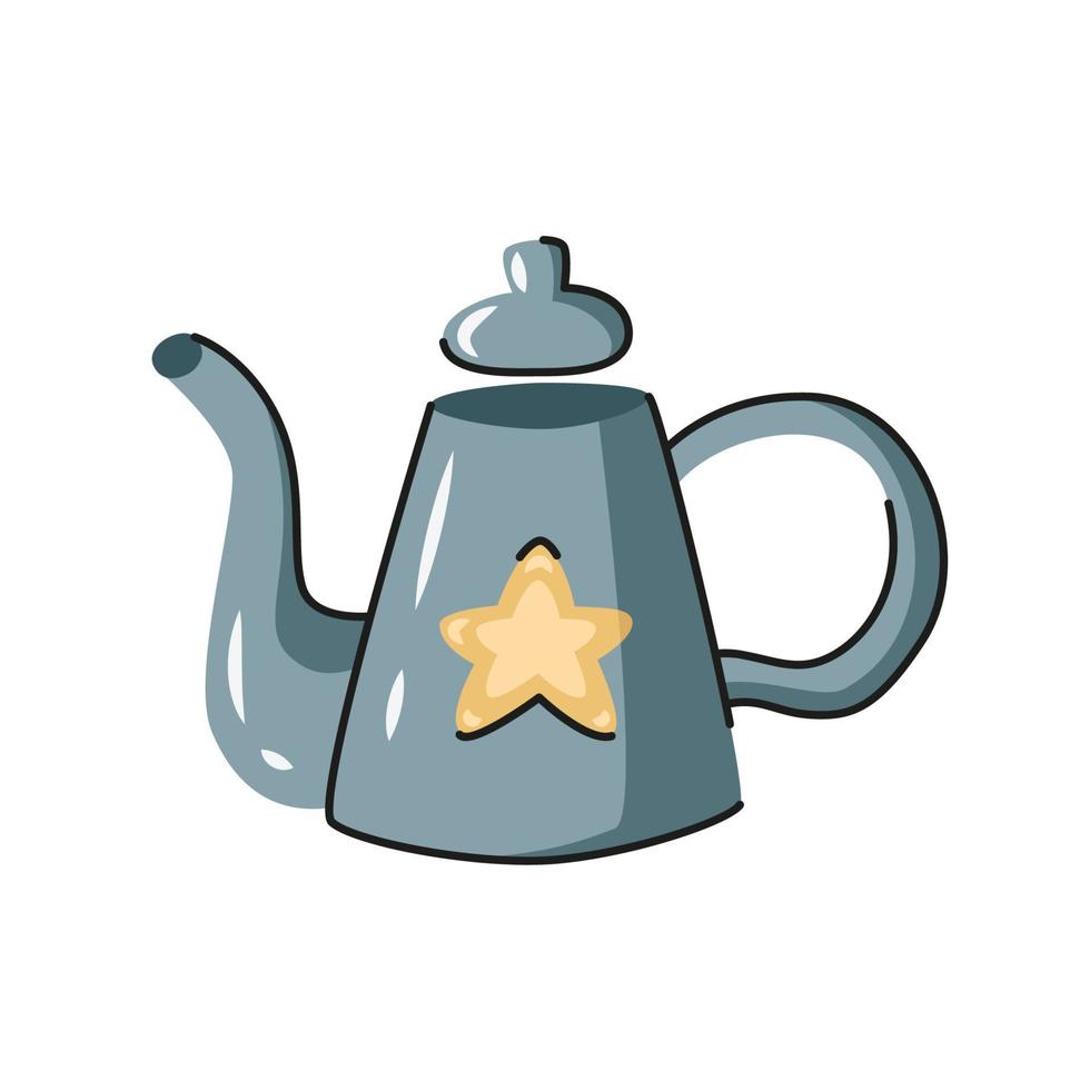 Ceramic vector teapot. Hand drawn kettle with decorative elements.  Cartoon dishware, kitchen utensil, tool for teatime.