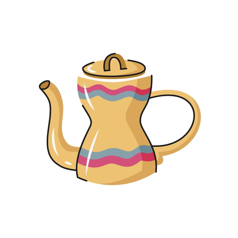 tetera vectorial de cerámica. tetera dibujada a mano con elementos decorativos. vajilla de dibujos animados, utensilio de cocina, herramienta para la hora del té. vector